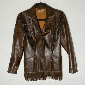 Vintage 60’s Sprung Western Brown Vinyl Faux Leather Jacket With Fringe XS